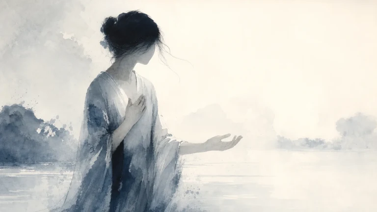 水墨湖畔女子一手按在胸前并向外伸出另一只手