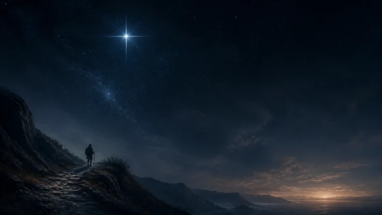 孤独行者沿夜色山路走向天边亮星