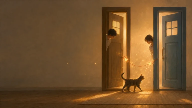 两个人分别探出相邻门口，猫从发光连线下走过