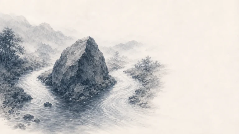山溪从中央巨石两侧分流后继续向前
