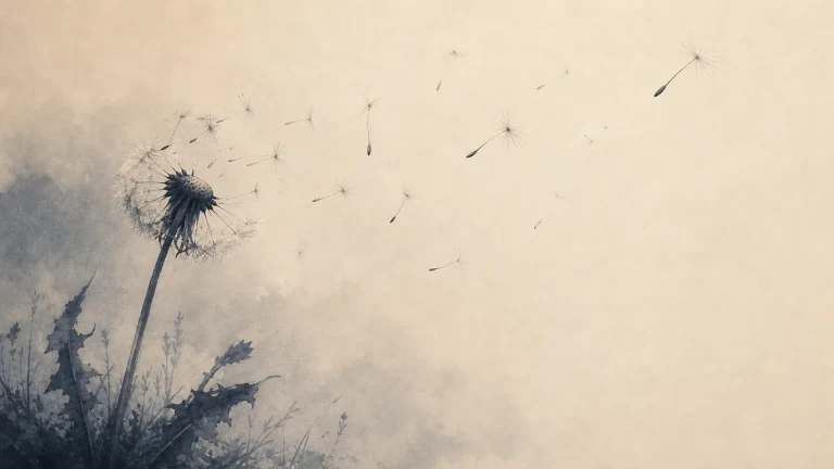蒲公英种子从水墨花球上随风飘散