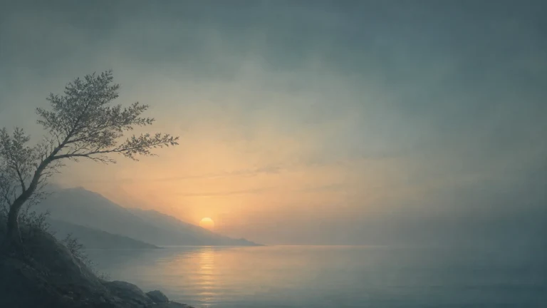 夕阳沉向平静湖面，岸边树木伸向暮色天空