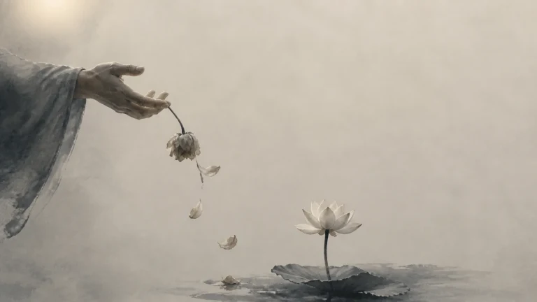一只手松开凋谢花朵，花瓣落向水面的白色莲花
