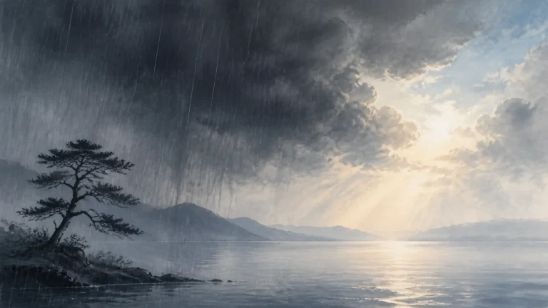 暴雨笼罩湖岸孤树，远处云隙阳光照亮水面