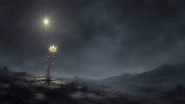 一朵浅色小花生长在黑暗荒地并朝向高空亮星