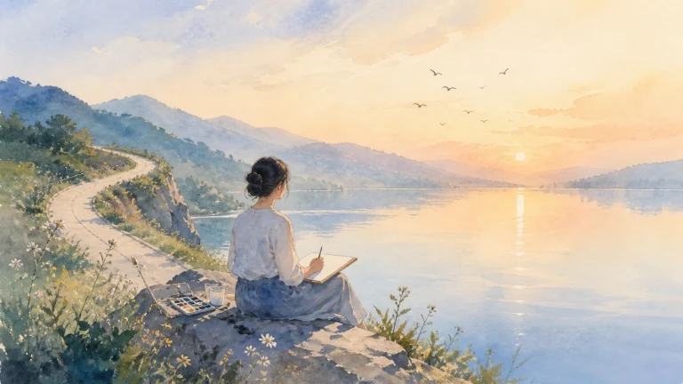 女子坐在湖畔用画板描绘夕阳山水