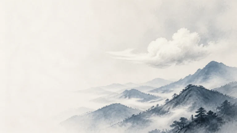水墨群山层叠在薄雾中，天空飘着一朵白云