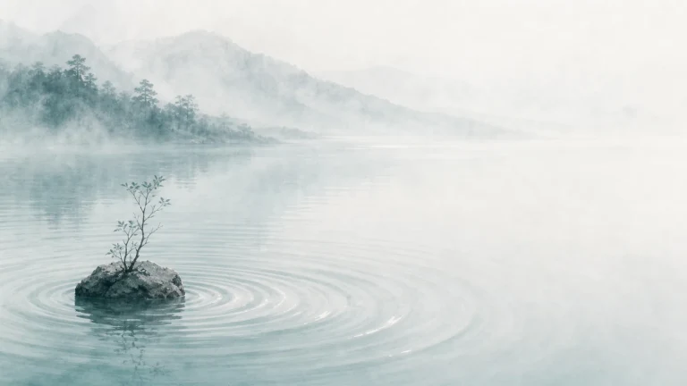 细小树木生长在湖心岩石上，四周荡开圆形涟漪