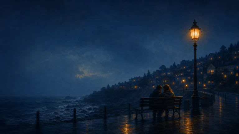 两个人依偎坐在雨夜海边长椅，路灯照亮岸边
