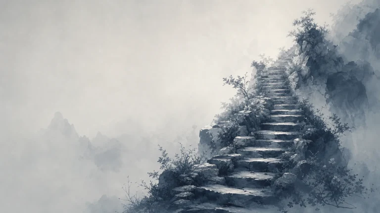 覆霜石阶穿过山间灌木向浓雾深处上升