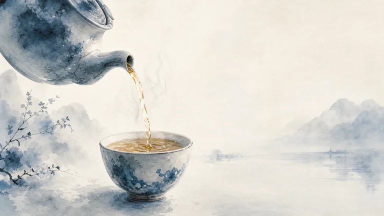 蓝白茶壶向花纹茶杯倒茶，背景是淡墨湖山