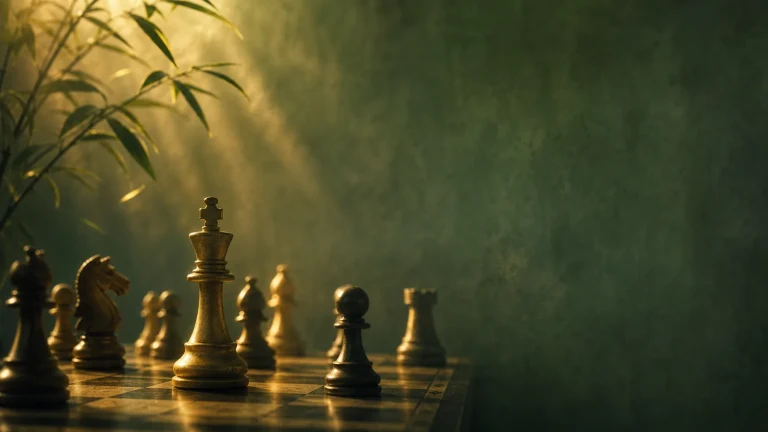 阳光穿过竹叶照在棋盘与一组棋子上
