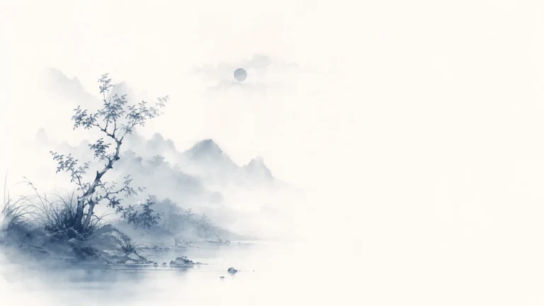 水墨湖岸生长着细树，远处群山隐在薄雾中