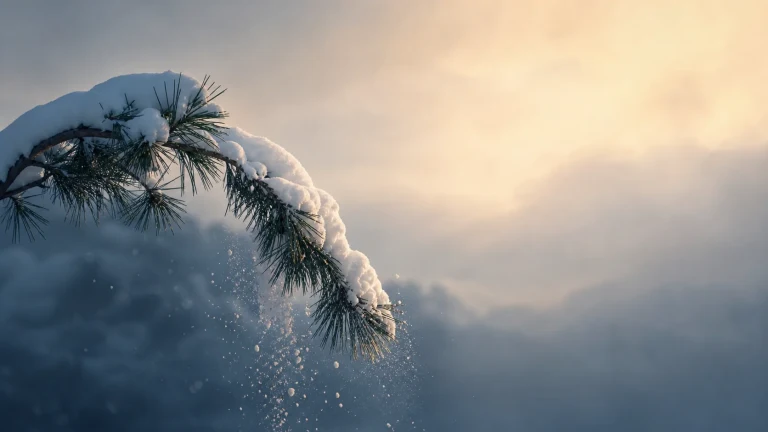 积雪压弯松枝，细小雪粒正从针叶间落下