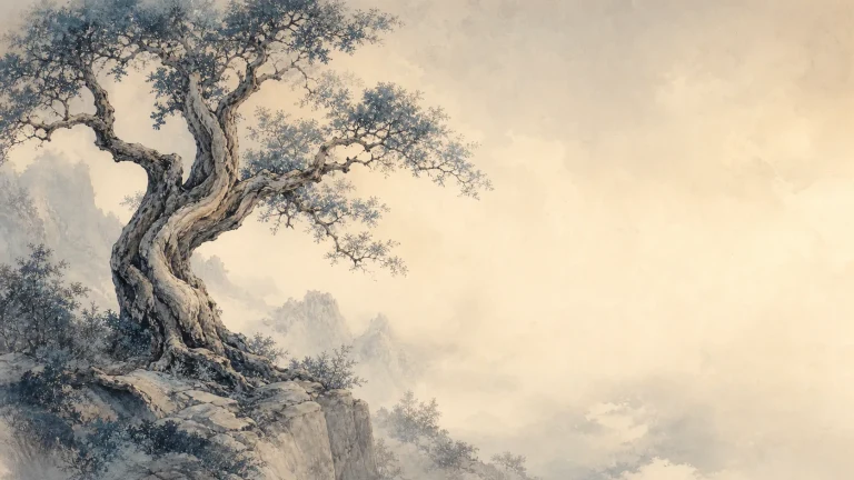 一棵枝干盘曲的老树生长在水墨山崖边