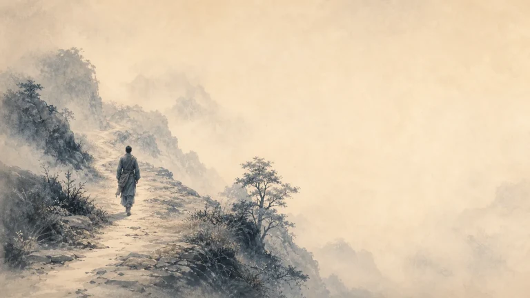 长袍人物沿云雾山崖上的石路前行