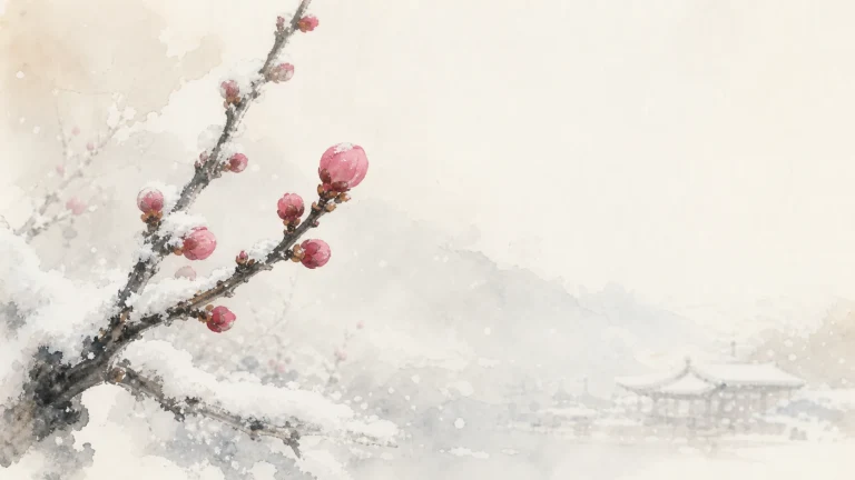 覆雪枝头开着粉色梅花，远处亭阁隐在淡雾中