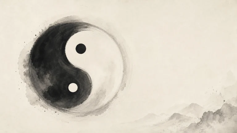 水墨太极图悬在淡色山水上方