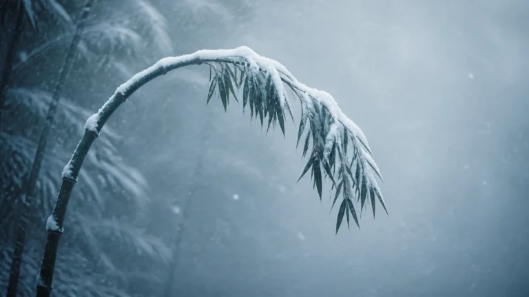 积雪覆盖的竹枝在冬日风雪中弯曲下垂