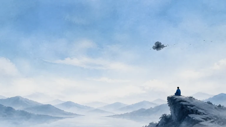 一人坐在高崖边俯瞰湖山，一只飞鸟掠过天空