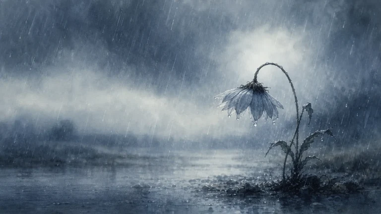 一朵花在暴雨中低垂，花瓣挂满水滴