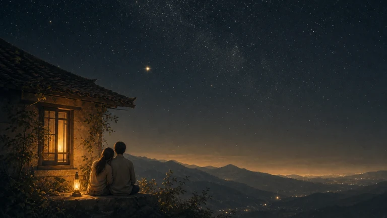 两人并肩坐在山屋外仰望星空中的一颗亮星