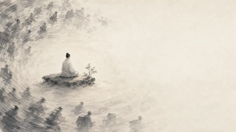 白衣人物静坐在水中小石岛上，四周水墨笔触旋转扩散