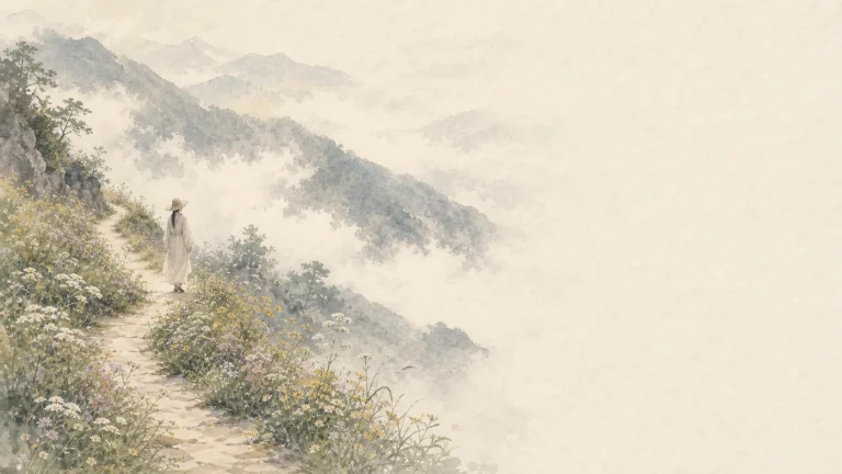 白衣人物沿开满小花的山路行走在云海之上