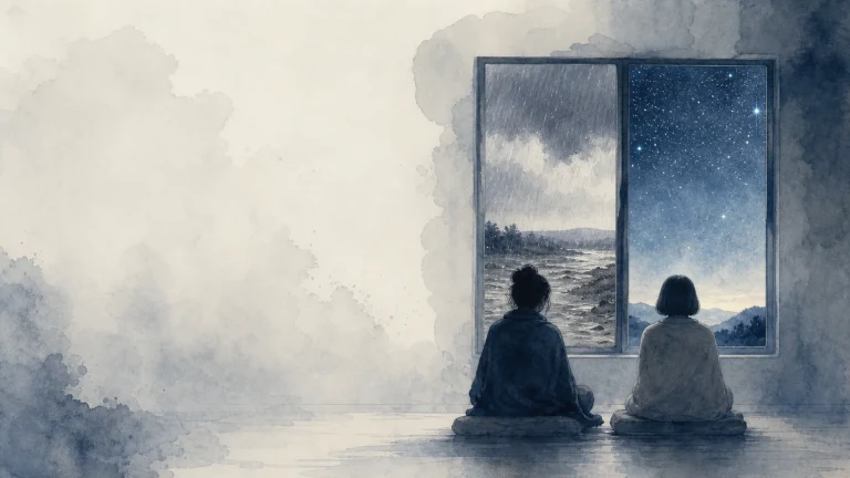 两人并肩坐在窗前，一侧窗外风雨翻涌，另一侧星空宁静