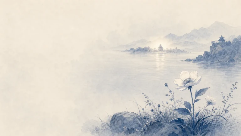 一朵白花开在淡墨湖岸，远处是群山与亭阁