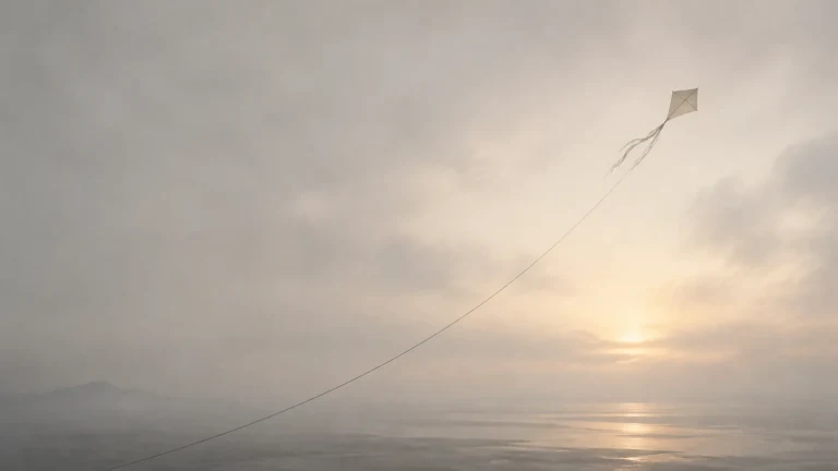 一只风筝拖着长线飞在海上落日前的灰色天空