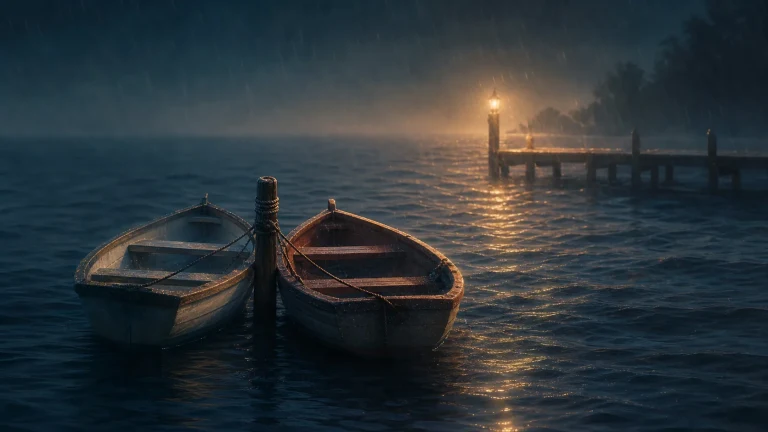 两艘小木船并排系在雨夜码头旁，远处灯光映在水面