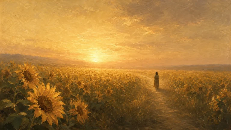 一人沿夕阳下的向日葵花田小路前行