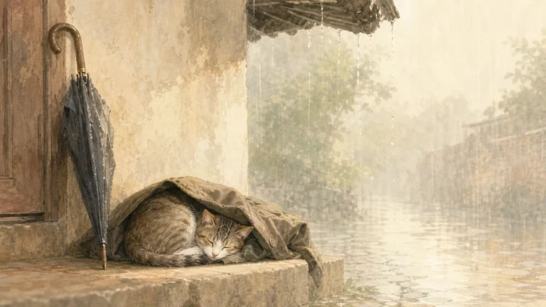 一只猫蜷睡在屋檐下的布料中，旁边靠着合拢雨伞
