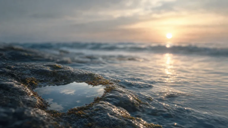 晨光映在海边礁石与浅浅潮池水面