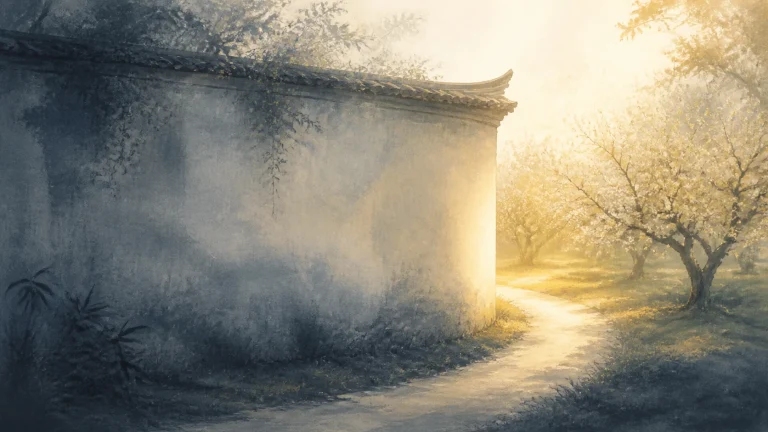 弯曲小路绕过古式白墙通向阳光照亮的花树