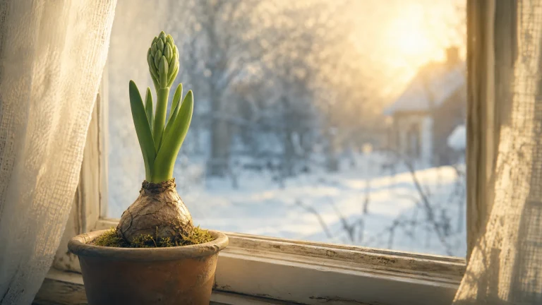 球根植物在雪景窗台上长出绿叶与花苞