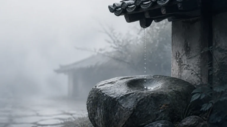 屋檐雨水滴入下方带凹槽的黑色石盆