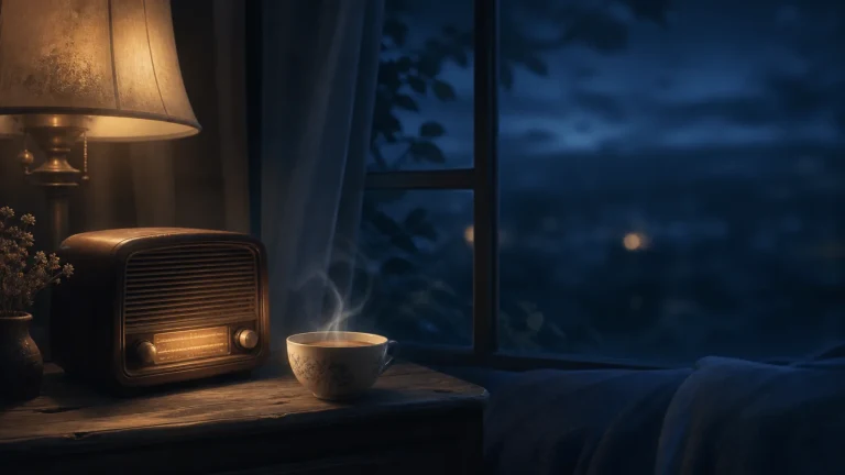 旧收音机与一杯热饮放在夜色窗边的暖灯下