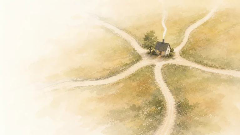 一间小屋位于多条乡间道路交汇的中心