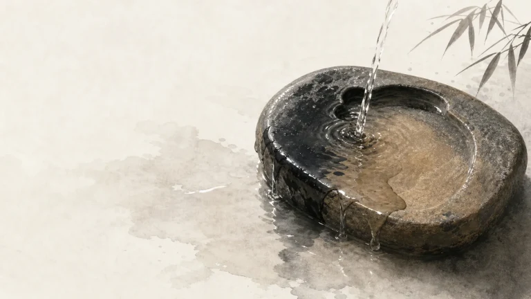 竹叶旁的水流注入带凹槽的圆形石盘并溢到地面
