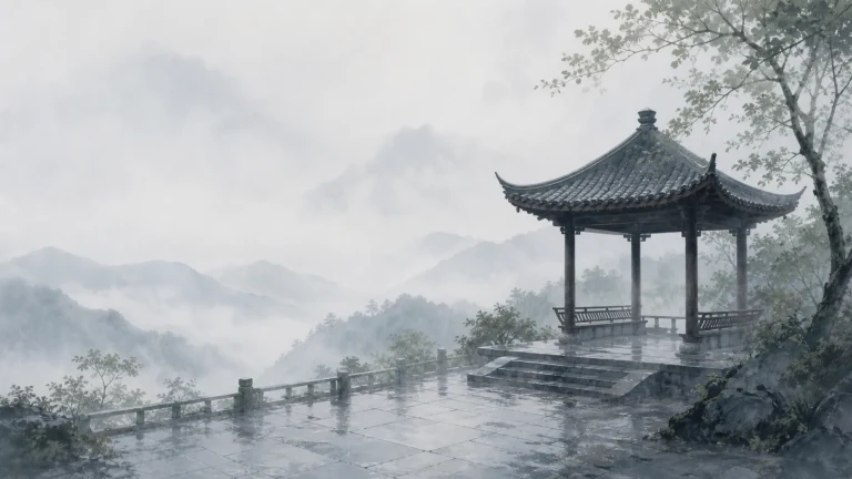 水墨山间凉亭立在雨湿石台和栏杆旁