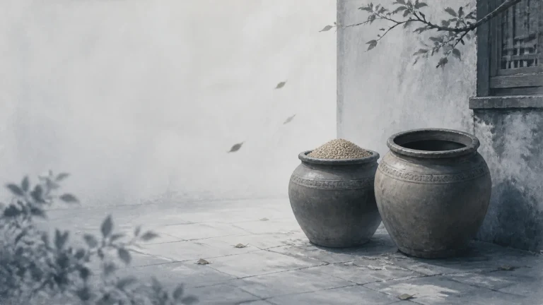 两只灰陶缸并排放在旧墙下，一只装满浅色谷粒