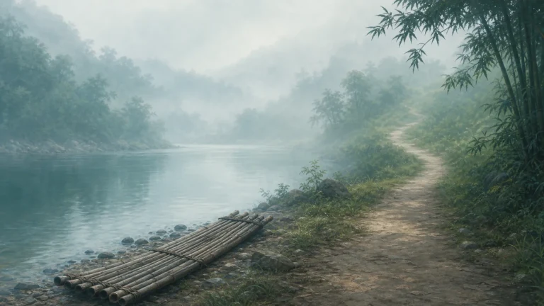竹筏停在雾色湖岸，岸边小路沿竹林伸向深处