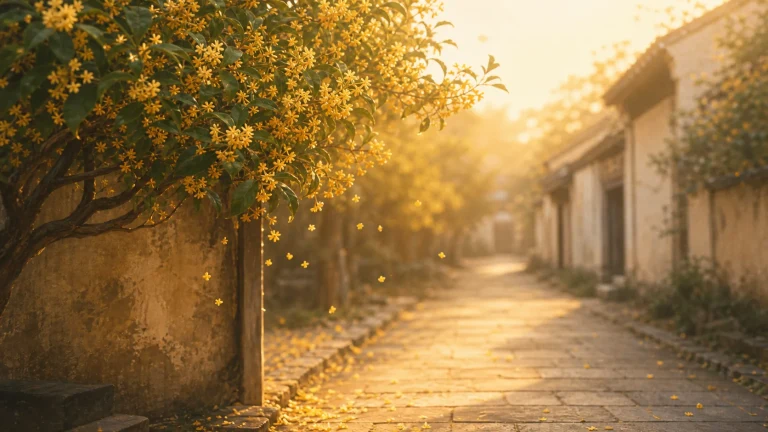 夕阳照亮开满黄色小花的树和安静石板巷