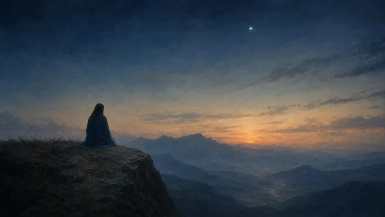 一人坐在山崖边眺望暮色群山与天边星光