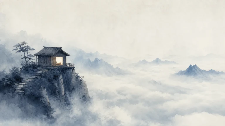 云海群峰间的峭壁顶端立着一座亮灯小屋