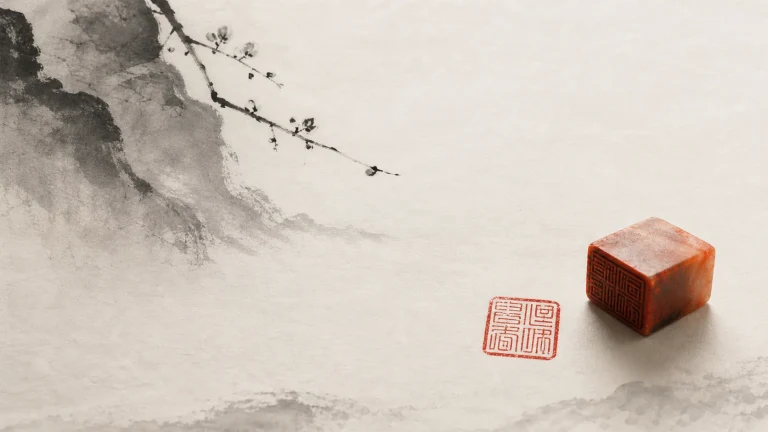 水墨山景纸面放着红色印章石与方形印迹