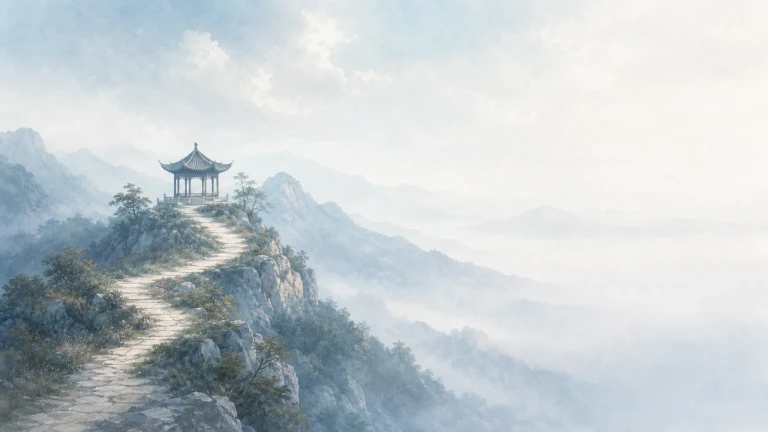 蜿蜒石路沿云雾山脊通向远处凉亭