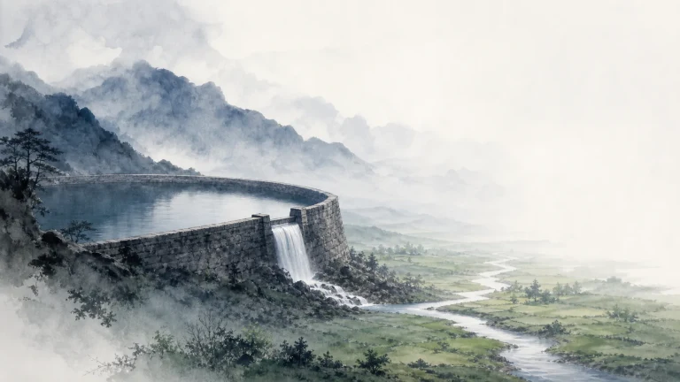 水墨山谷中的弧形水坝蓄水并从缺口泄流